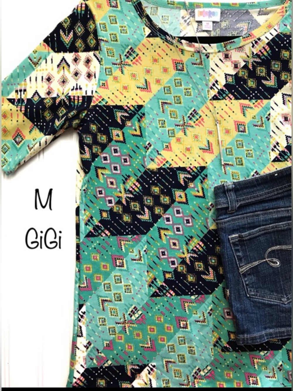 LuLaRoe Medium M Gigi patchwork aqua teal yellow pastel navy brand new NWT (G12)